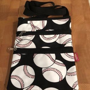 Crossbody with baseball pattern.